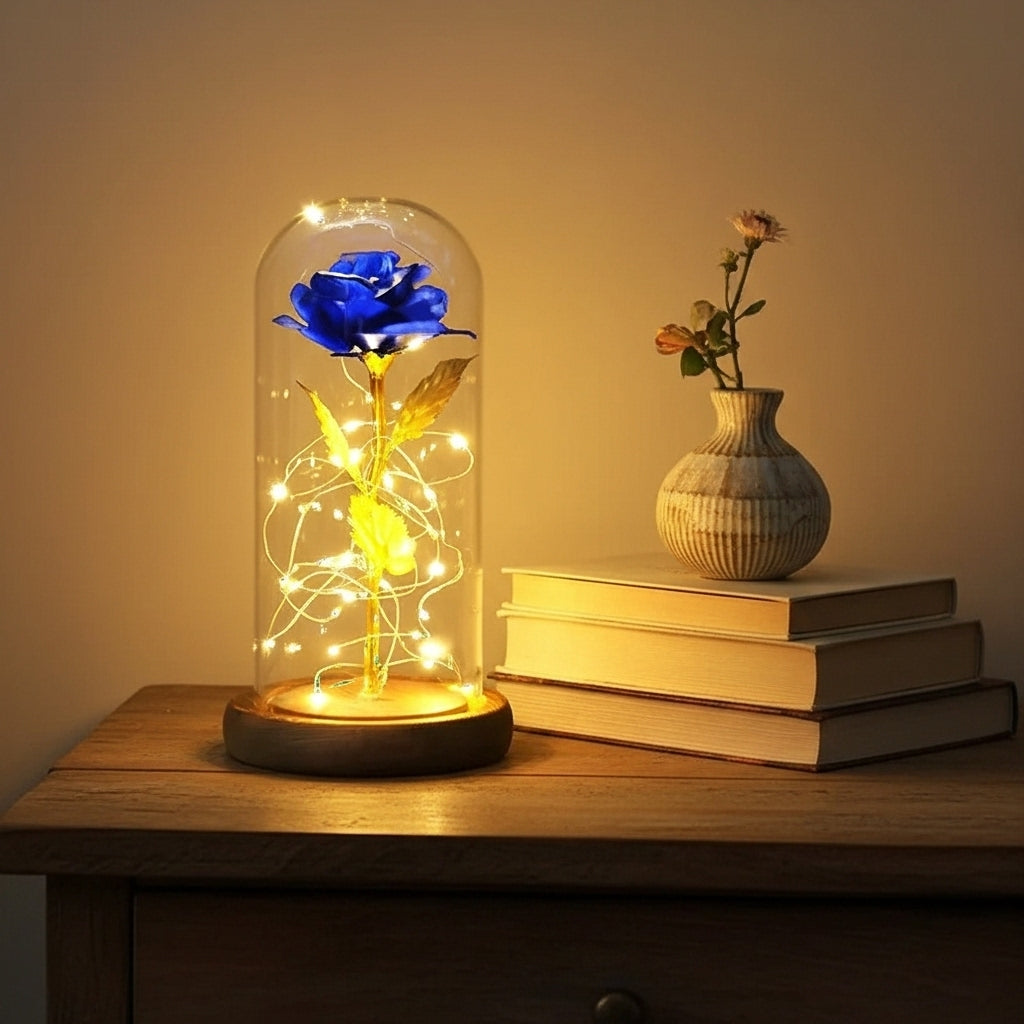 Blue Rose LED Lamp in Glass Dome – Romantic Gift for Home Décor